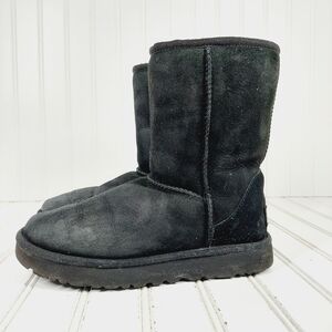 UGG Black Suede Leather Sheepskin Pull On Mid Calf Classic Boots E943